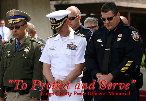 Lemoore Chief of Police Darrell Smith delivered the keynote address at Wednesday's Kings County's Peace Officers' Memorial ceremony. He is pictured with CHP Area Assistant Chief Jesse Holguin and Capt. David James, U.S. Navy.